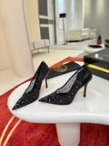 BLACK RHINESTONE MESH POINTED HEELS