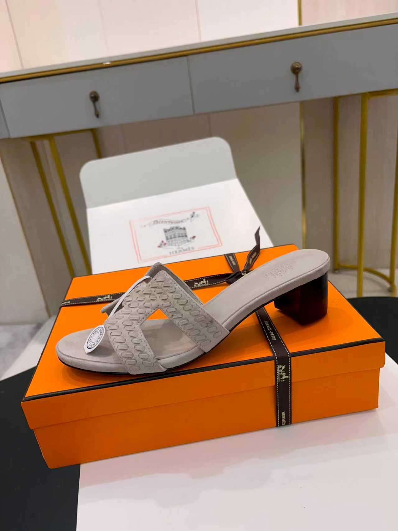 TAUPE SUEDE HEELED SLIDE SANDALS