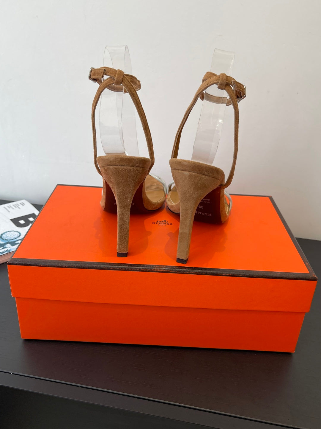 CAMEL SUEDE ANKLE STRAP STILETTO SANDALS