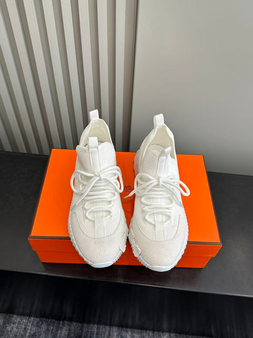 ALL-WHITE TECH-KNIT SNEAKERS WITH SUEDE PANELS & SCULPTED SOLE