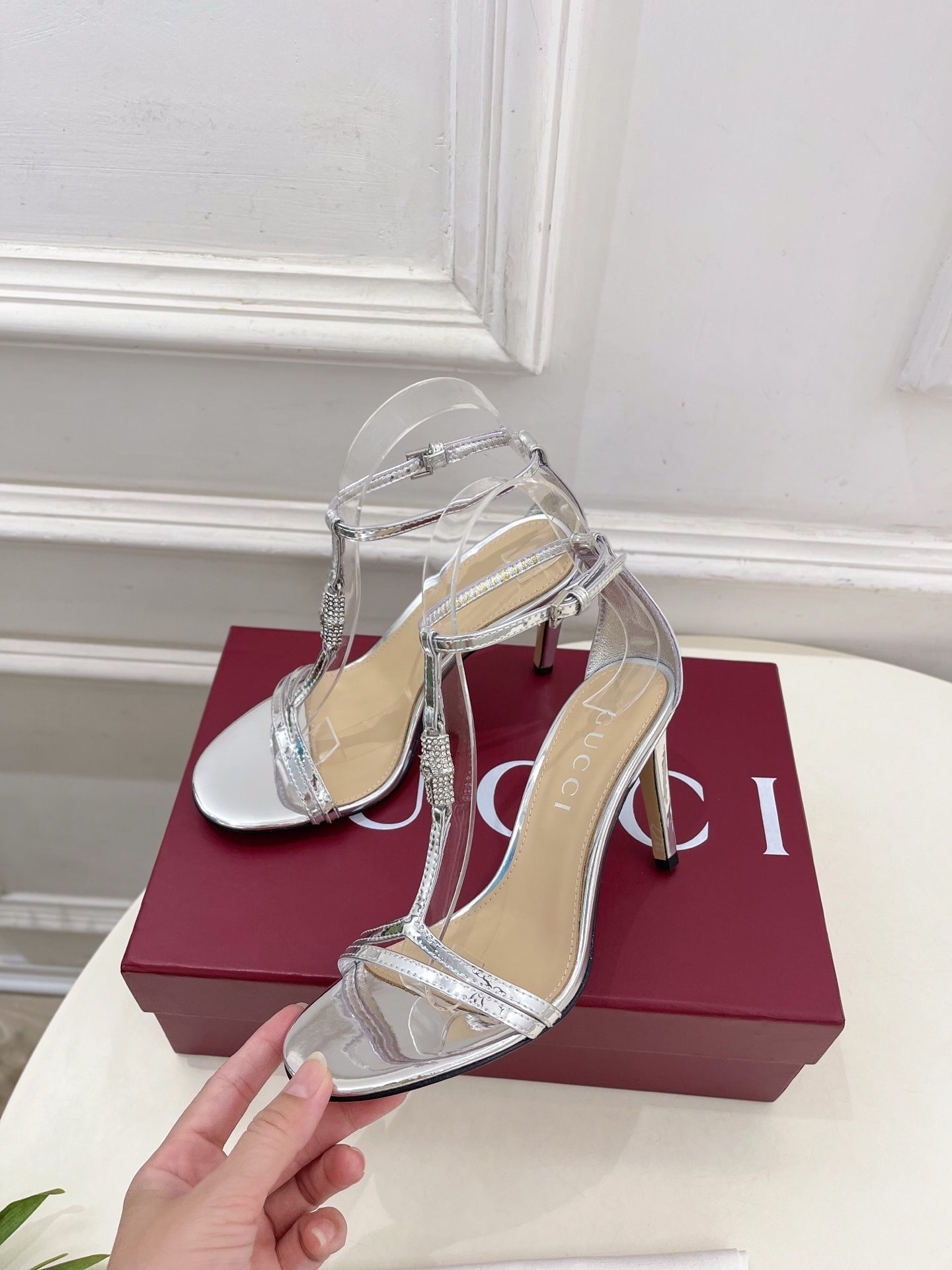 SILVER TRANSPARENT STRAPPY HEEL SANDALS