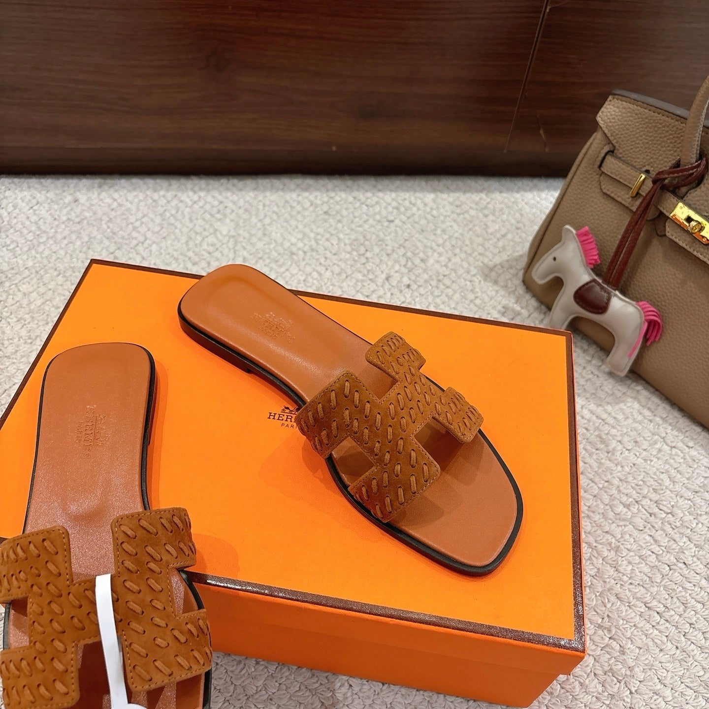 TAN SUEDE SLIDE SANDALS
