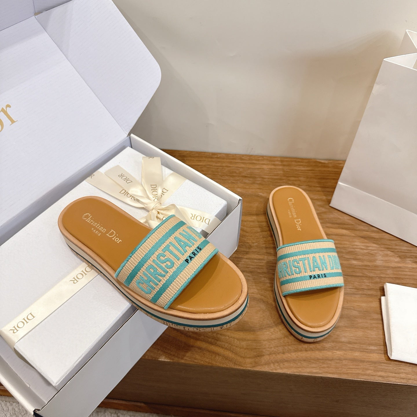 TURQUOISE & BEIGE LOGO STRAP PLATFORM SLIDE SANDALS