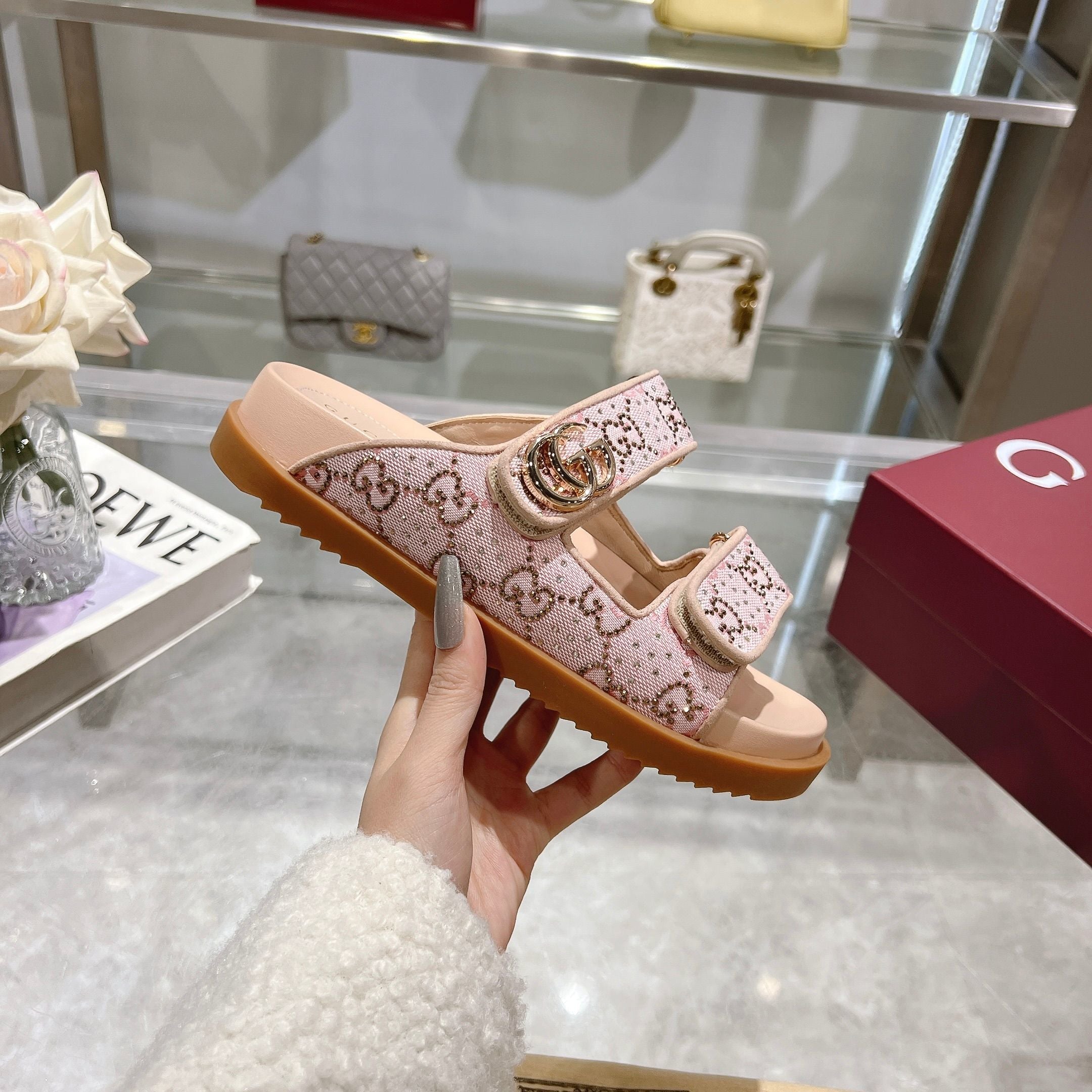 PINK MONOGRAM DOUBLE STRAP SANDALS