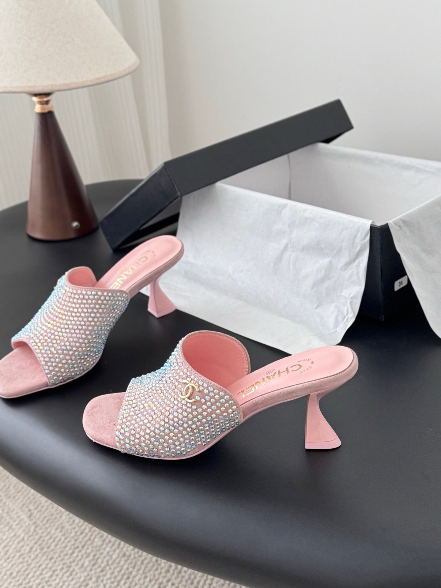 PINK RHINESTONE HEEL MULES