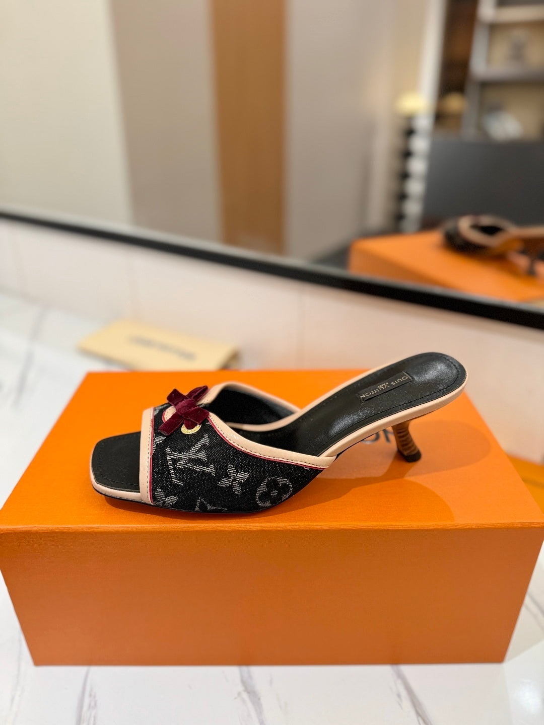 BLACK MONOGRAM DENIM MULE SANDALS WITH VELVET BOW