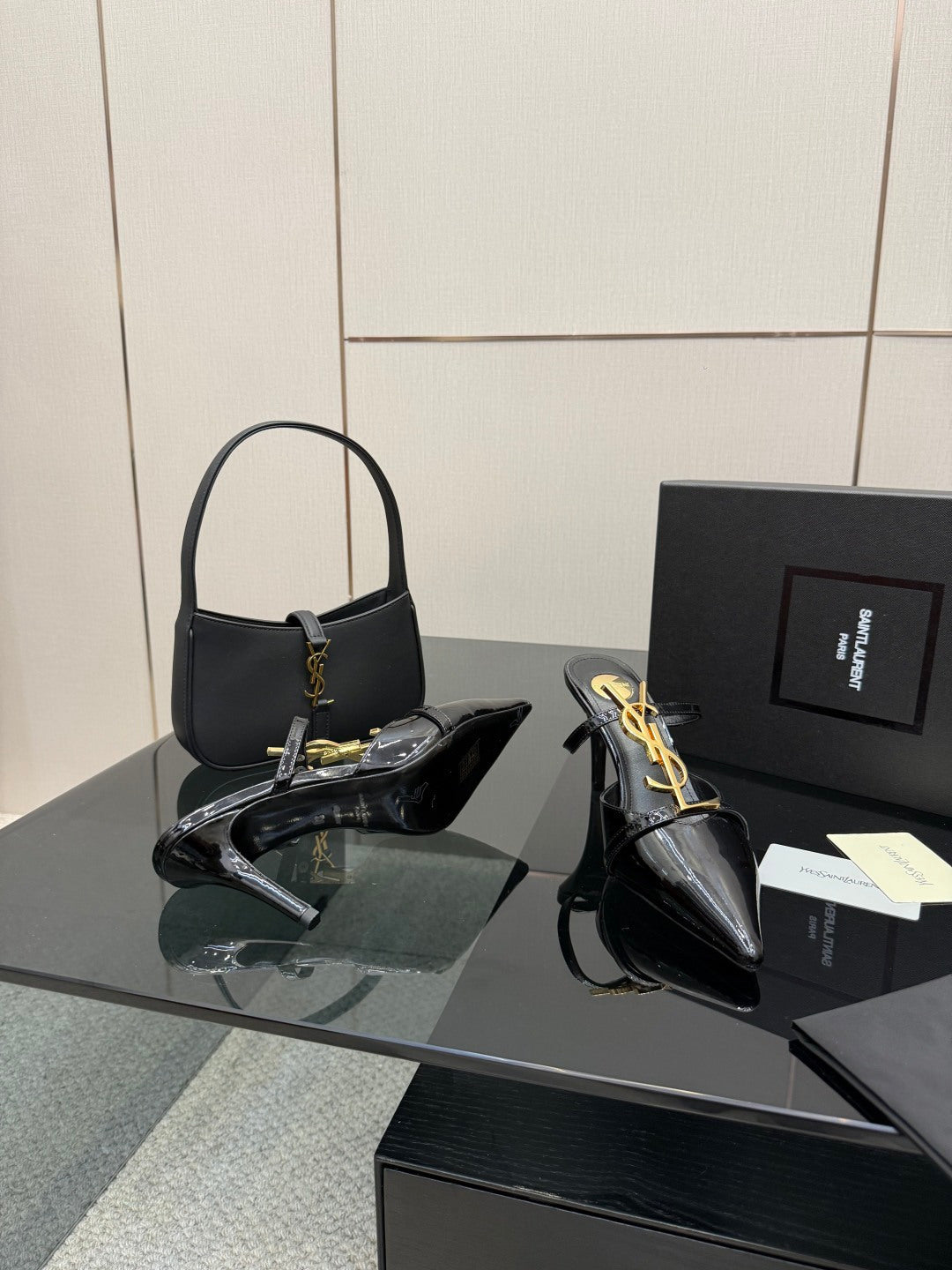 BLACK PATENT POINTED TOE MULE HEELS WITH GOLD DETAIL