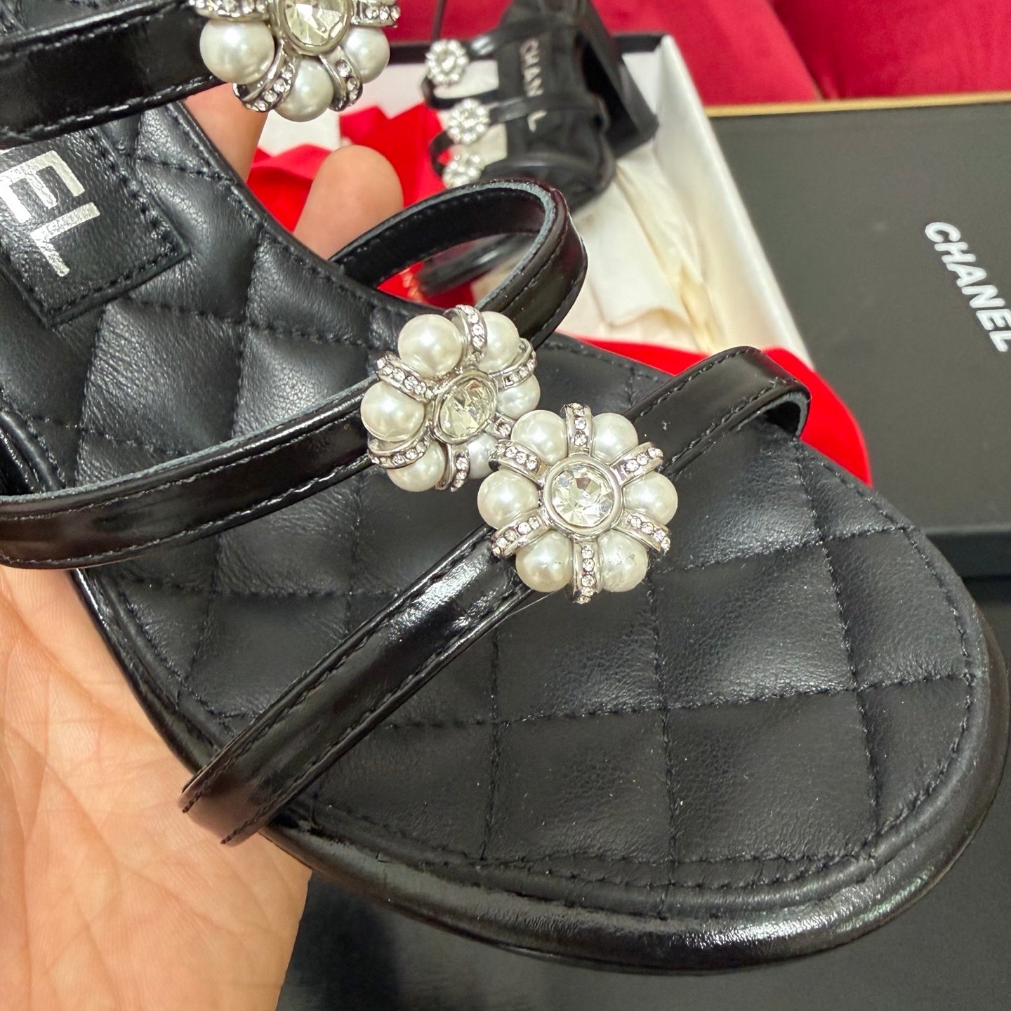 PEARL EMBELLISHED QUILTED STRAP HEELS