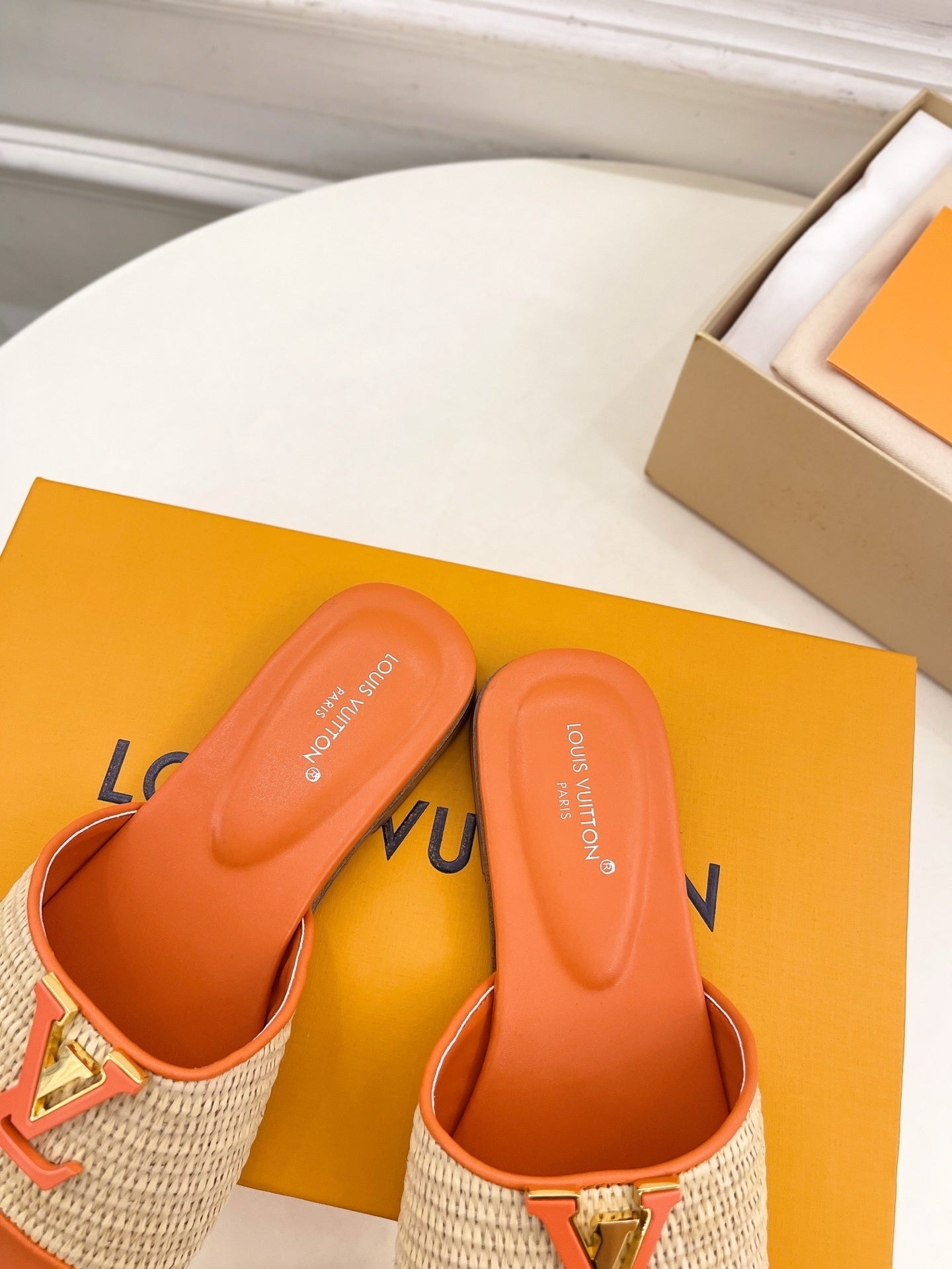 WOVEN STRAP MONOGRAM DETAIL SLIDE SANDALS – ORANGE