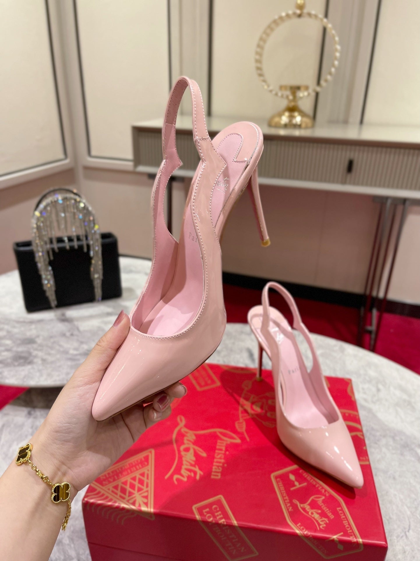 BLUSH PINK PATENT SCALLOPED SLINGBACK HEELS