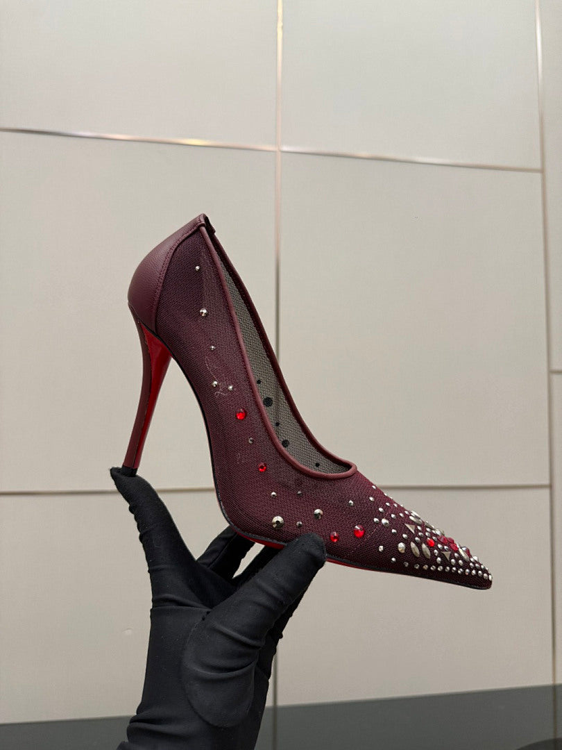 BURGUNDY RHINESTONE MESH PUMPS