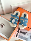 SHEARLING SLIDE SANDALS WITH BLUE SUEDE STRAPS