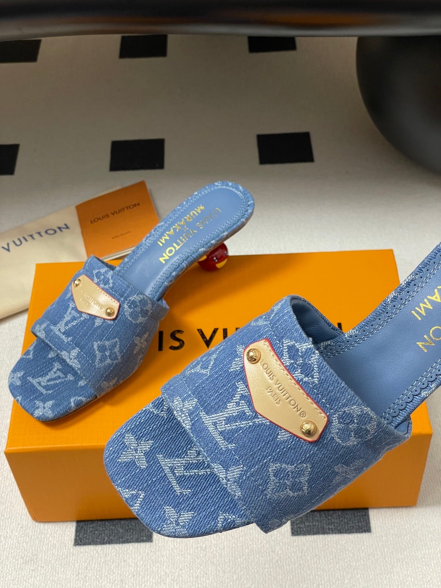 DENIM MONOGRAM MURAKAMI MULES WITH SCULPTED HEEL