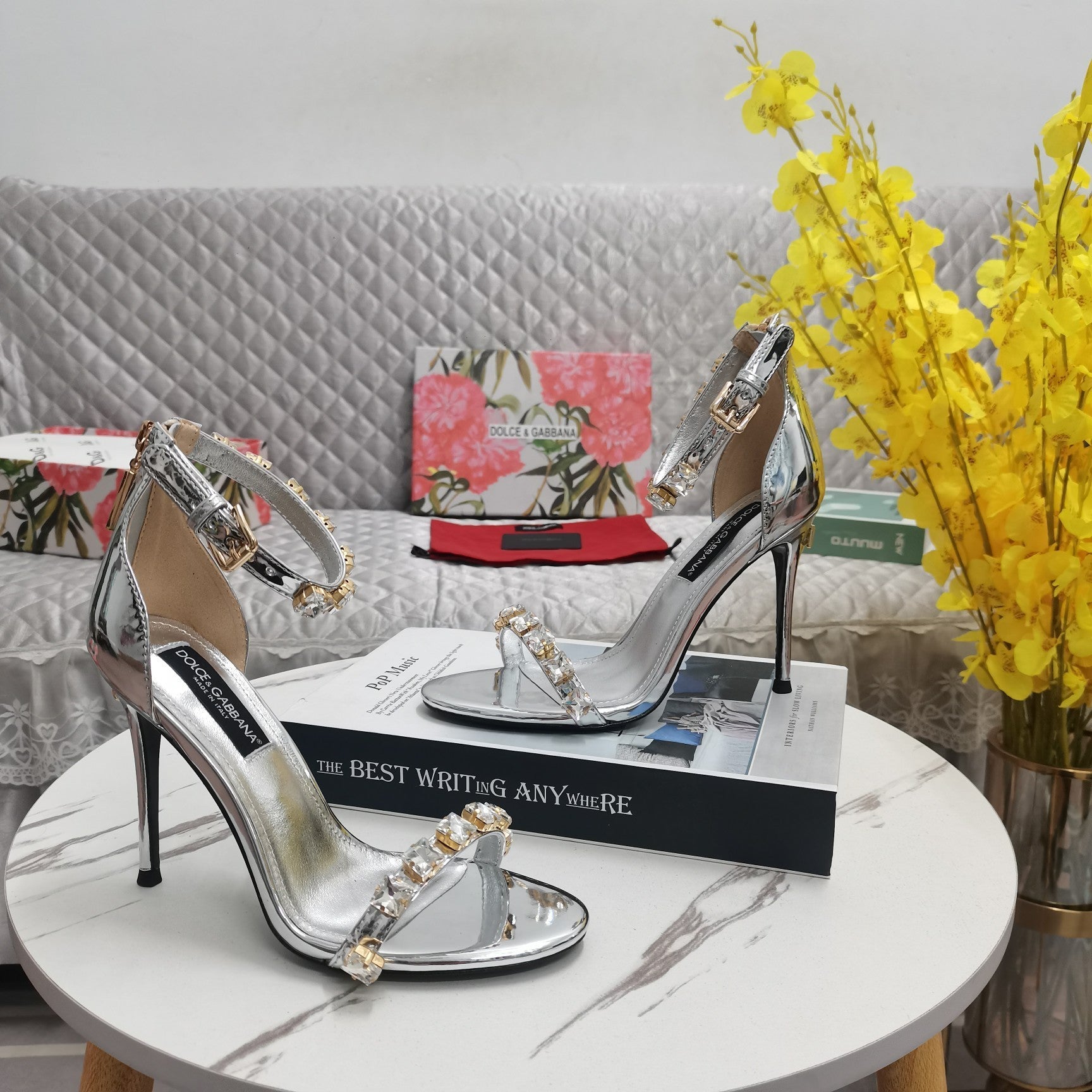 SILVER METALLIC STRAPPY HEEL SANDALS WITH CRYSTAL EMBELLISHMENTS