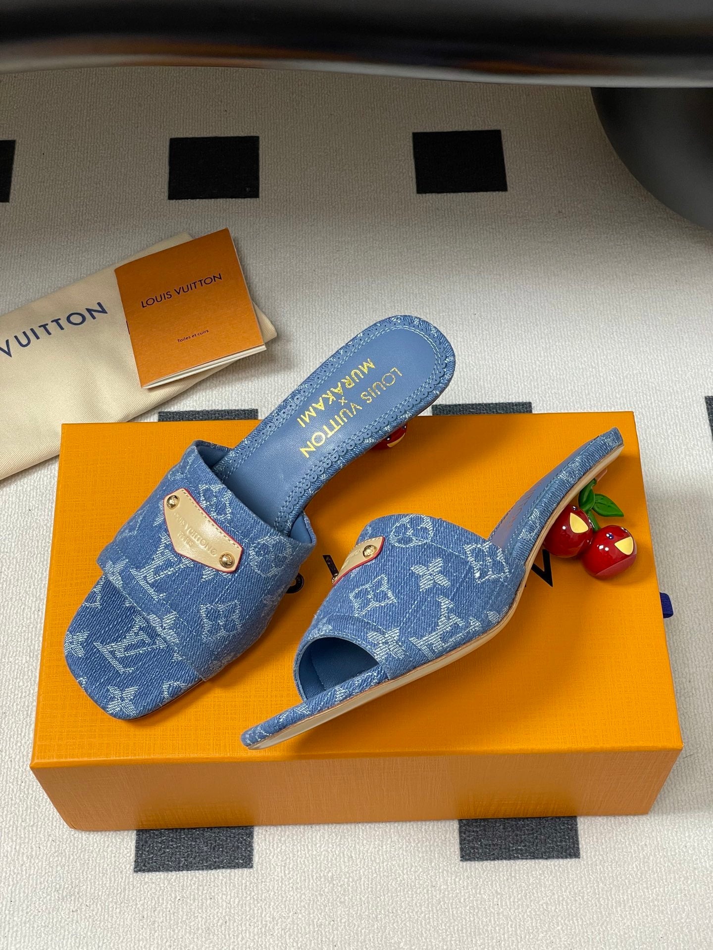 DENIM MONOGRAM MURAKAMI MULES WITH SCULPTED HEEL