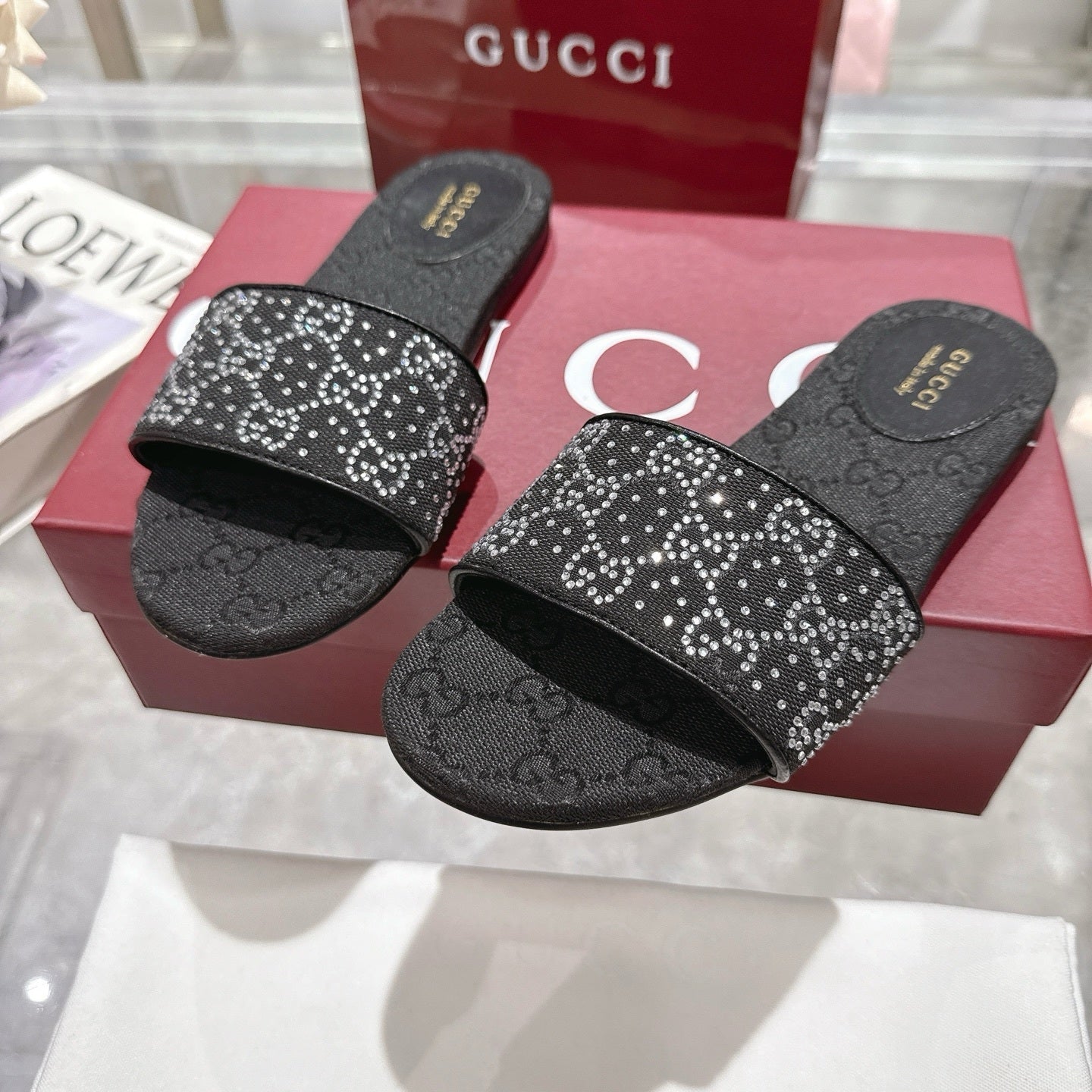 BLACK EMBELLISHED SLIDE SANDALS