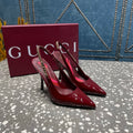 BURGUNDY PATENT CHAIN SLINGBACK PUMPS
