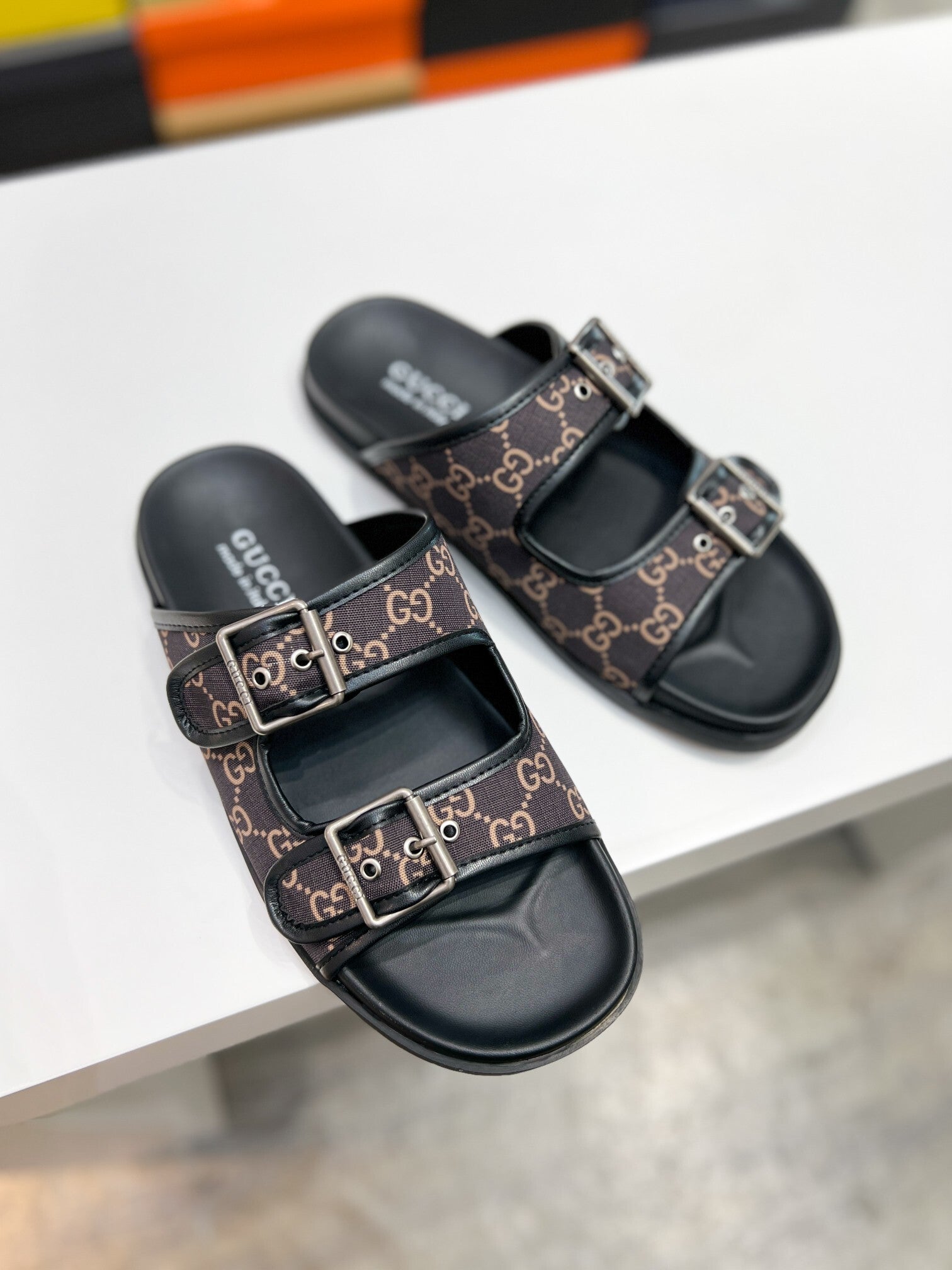 DOUBLE STRAP MONOGRAM BUCKLE SLIDE SANDALS