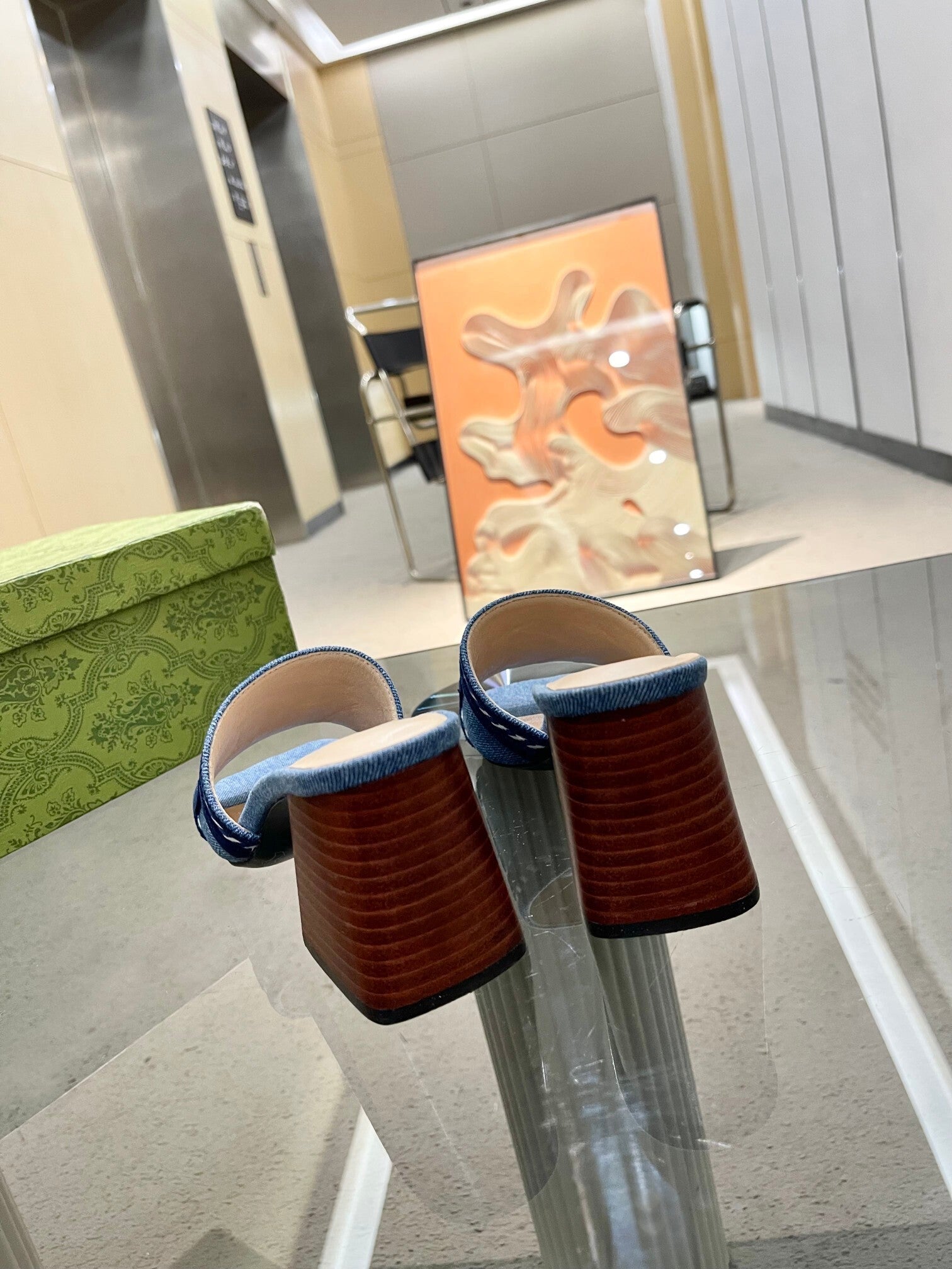 DENIM BLOCK HEEL SANDALS