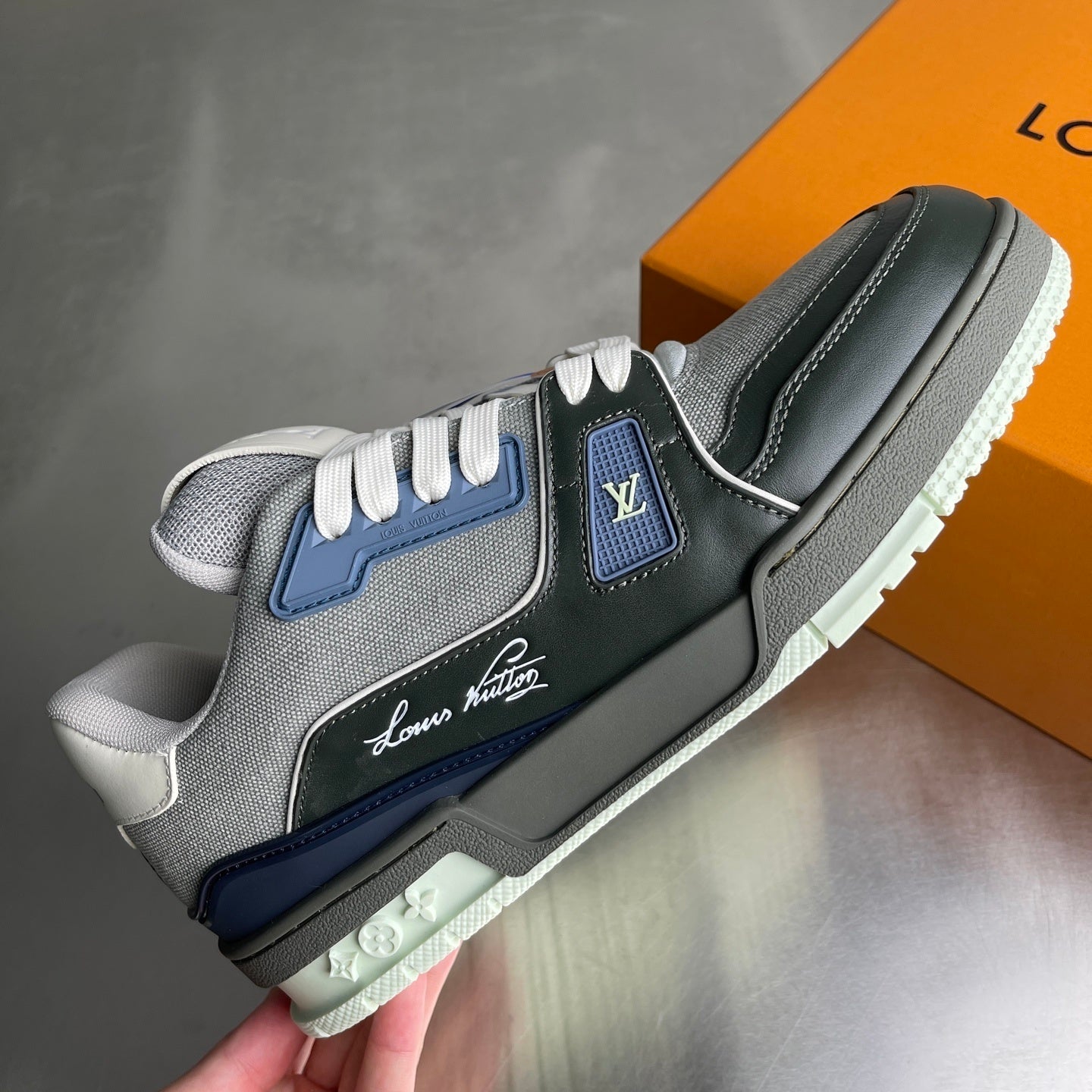 GREY AND NAVY LOW-TOP SNEAKERS WITH LAYERED DESIGN