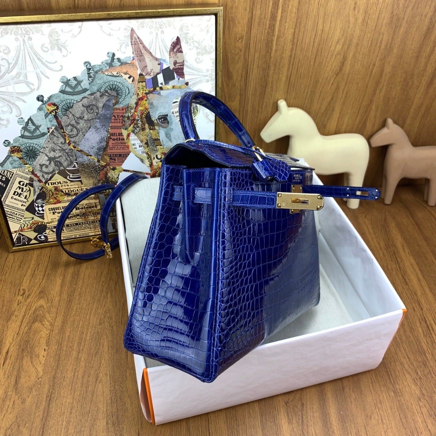 LUXURY ROYAL BLUE CROCODILE EMBOSSED LEATHER TOP HANDLE HANDBAG WITH GOLD HARDWARE