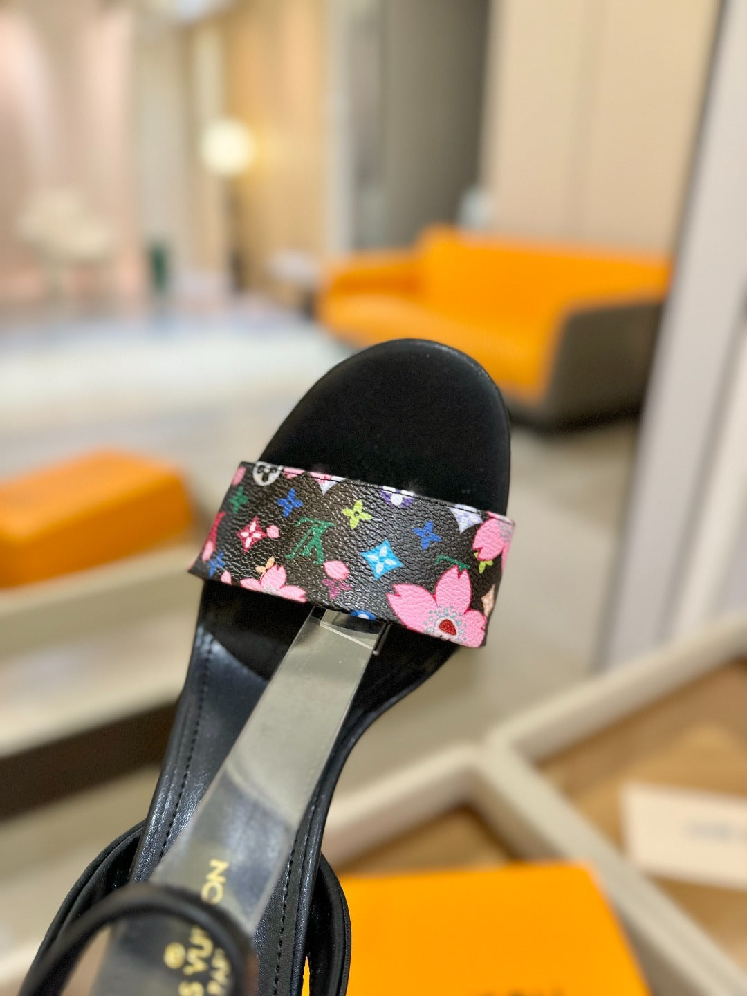 FLORAL MONOGRAM STRAP STILETTO SANDALS – BLACK