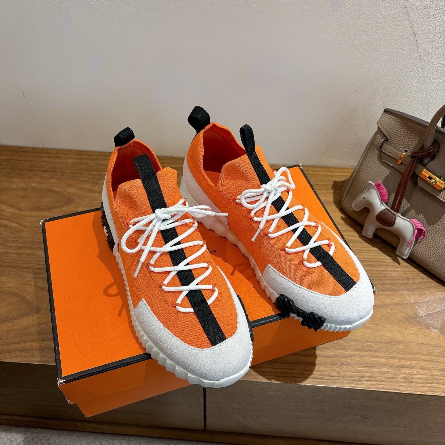 ORANGE TECH-KNIT & SUEDE LOW-TOP SNEAKERS