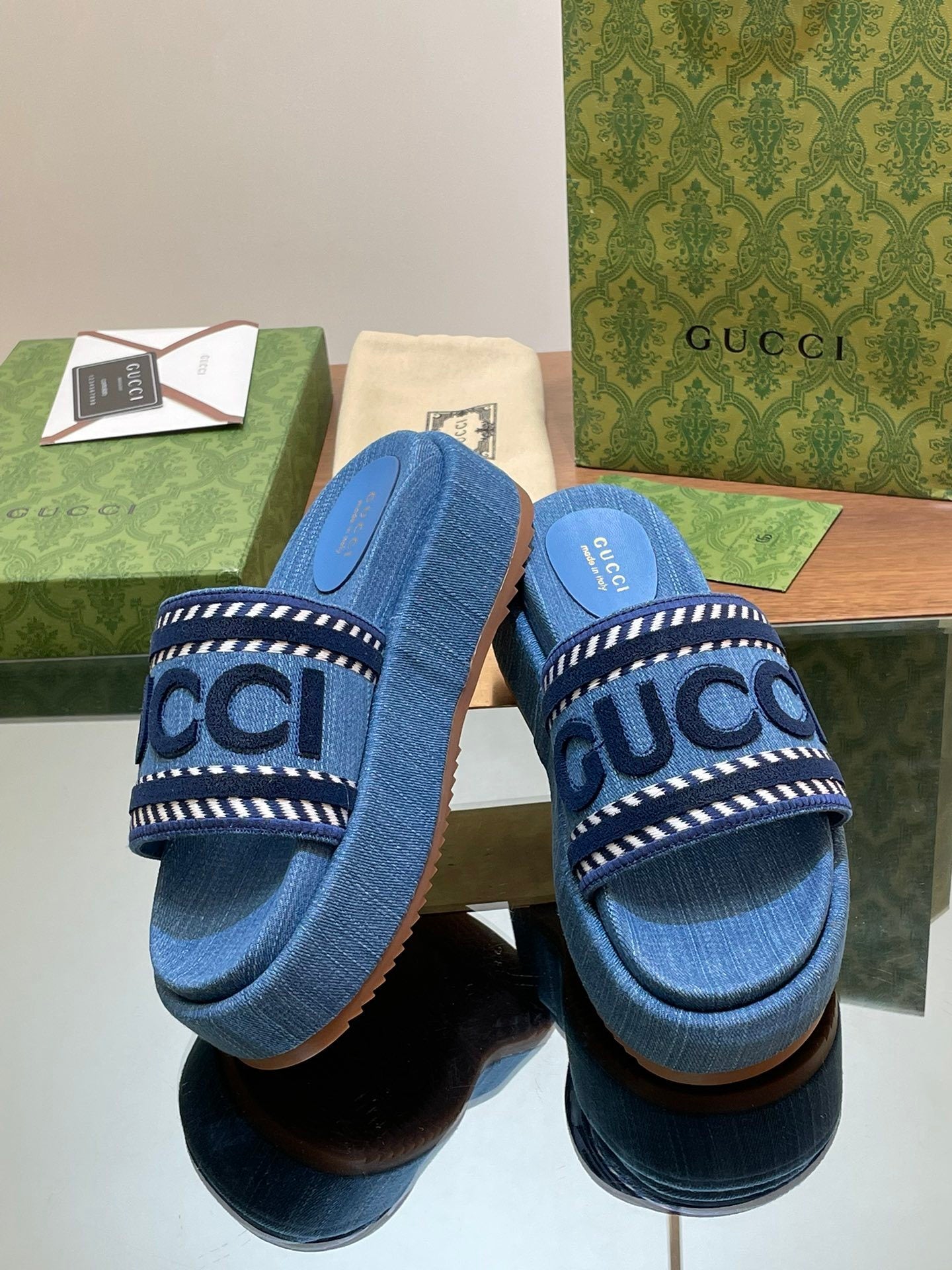 BLUE DENIM LOGO PLATFORM SLIDE SANDALS