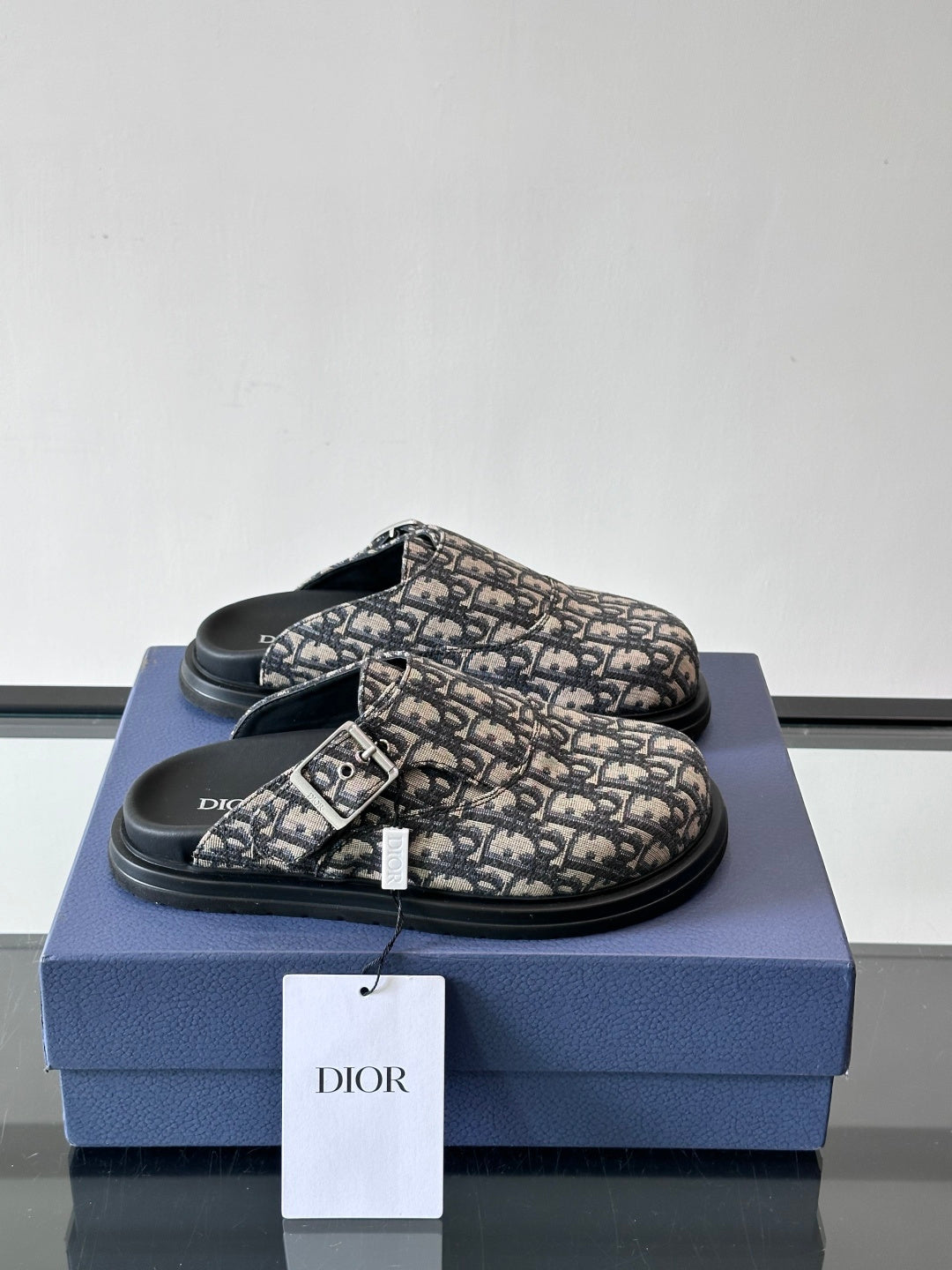 MONOGRAM DESIGNER SLIDE MULES WITH BUCKLE DETAIL