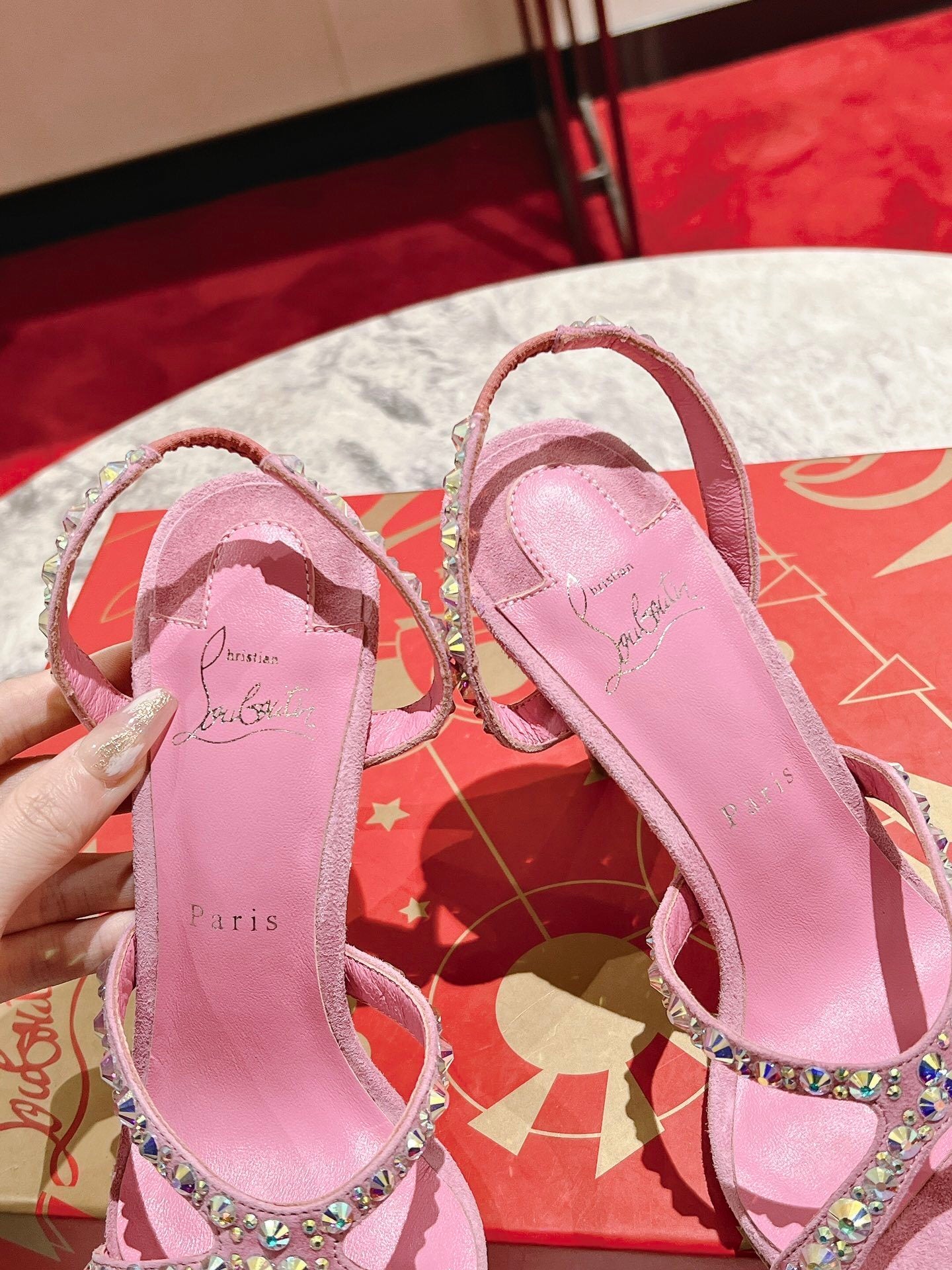 PINK SUEDE RHINESTONE-STRAP SANDAL HEELS