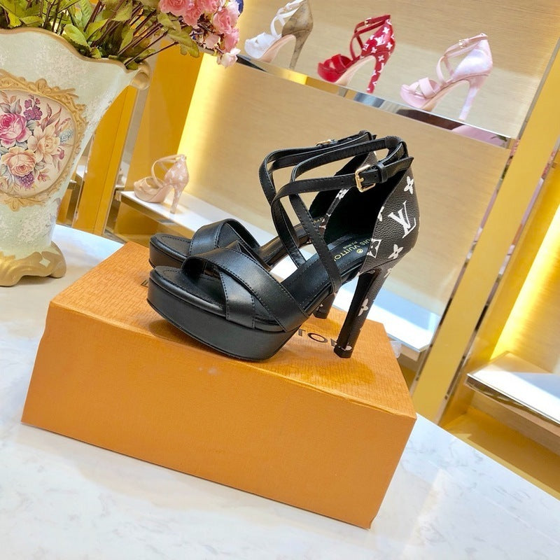 BLACK MONOGRAM STRAPPY PLATFORM HEELS