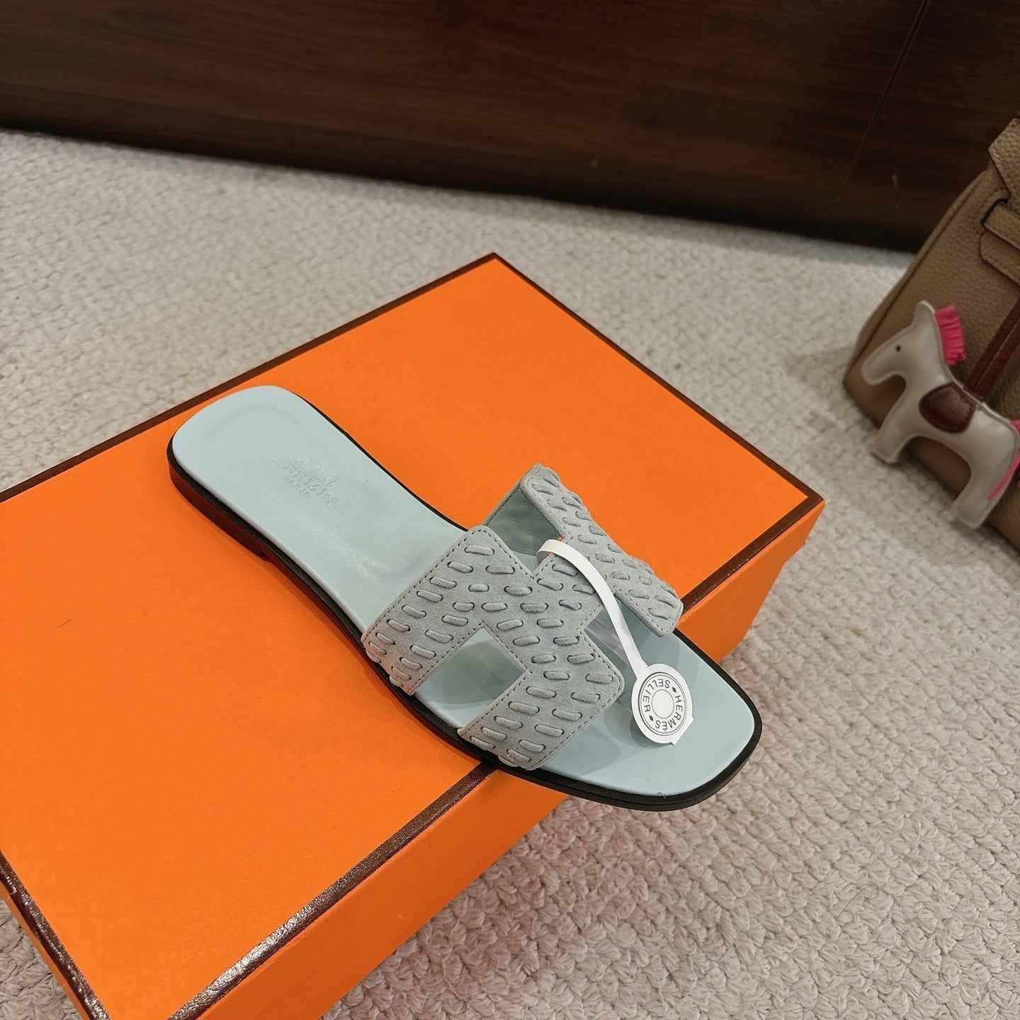 PASTEL BLUE SUEDE SLIDE SANDALS