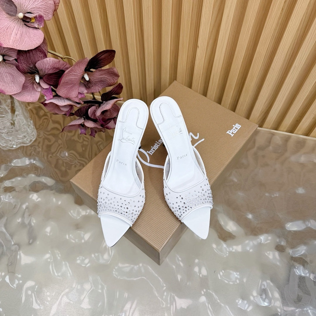 WHITE RHINESTONE MULE HEELS