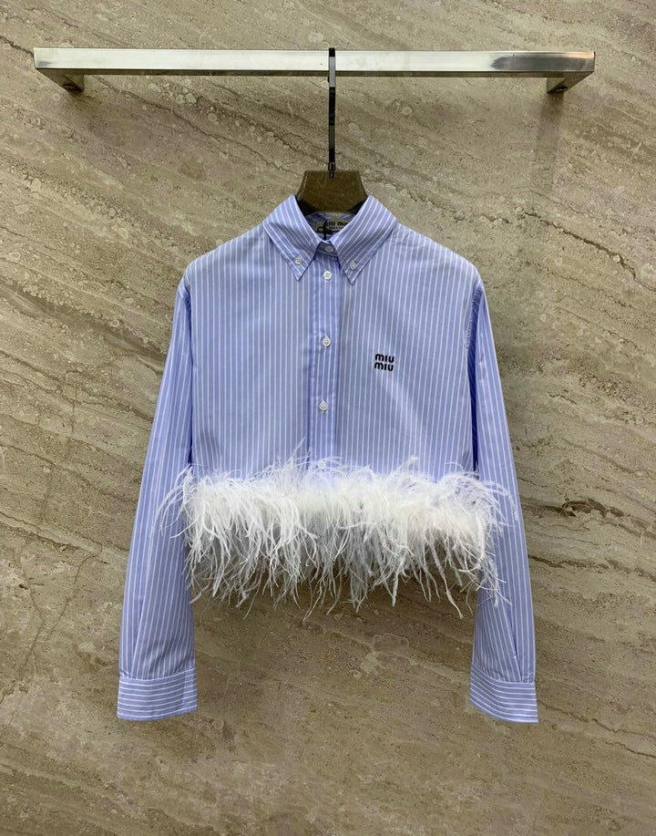STRIPED FEATHER TRIM CROP SHIRT