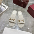 WHITE PATTERNED METAL DETAIL SLIDE SANDALS