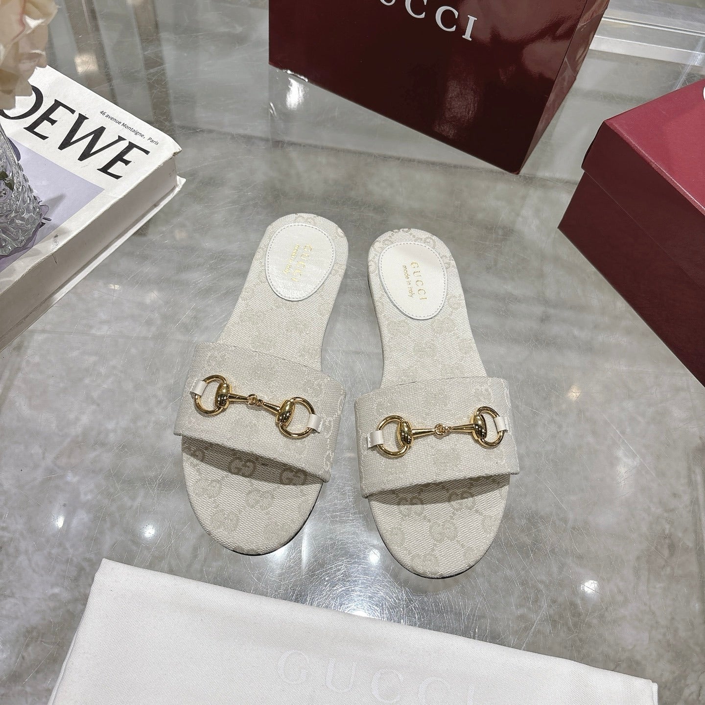 WHITE PATTERNED METAL DETAIL SLIDE SANDALS