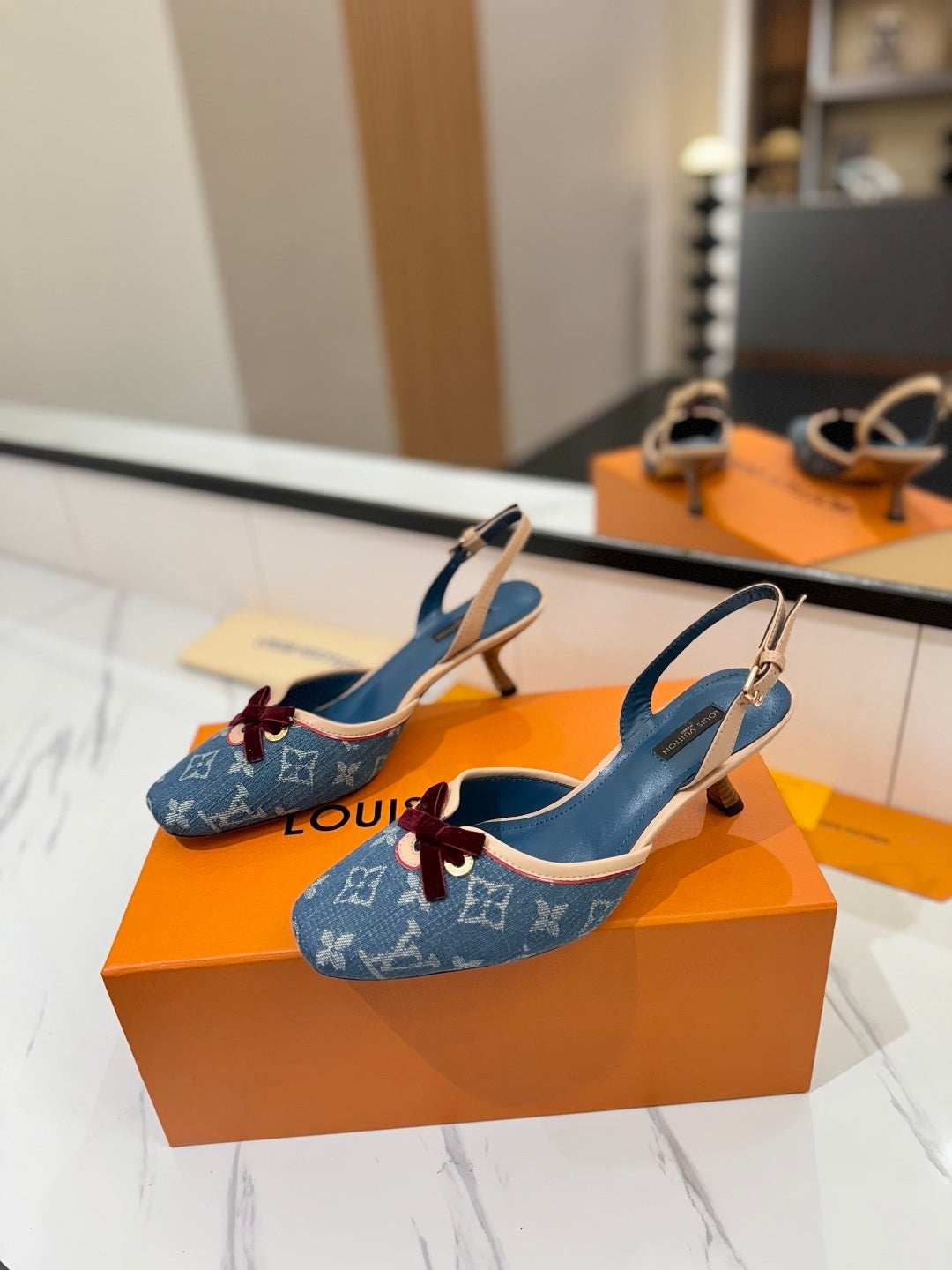DENIM MONOGRAM SLINGBACK HEELS WITH VELVET BOW