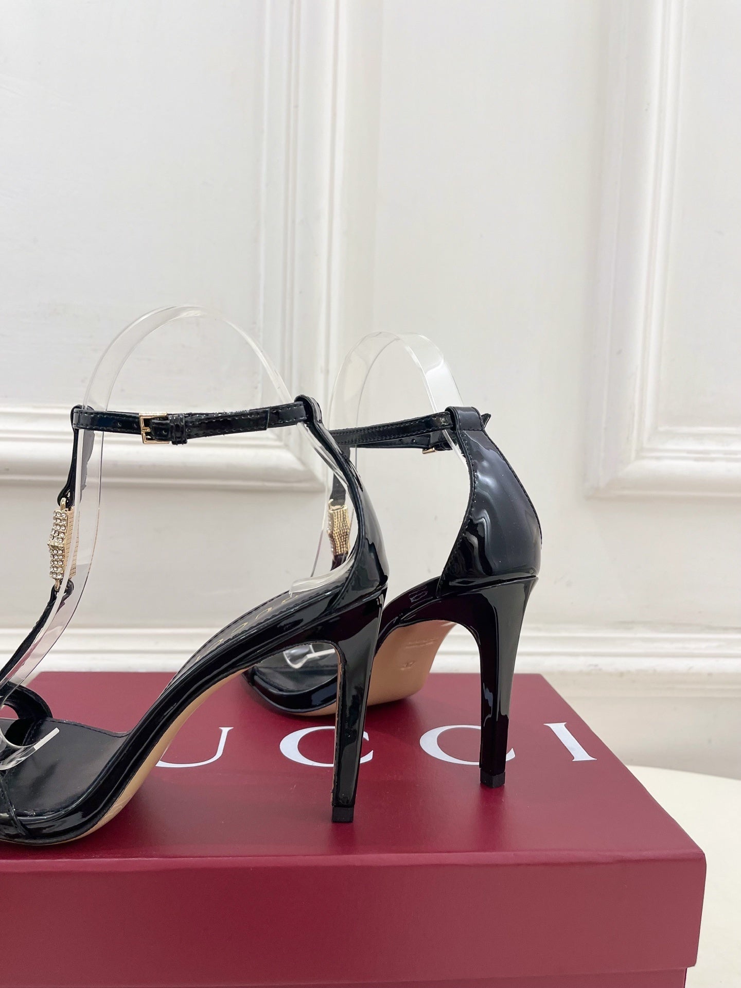 BLACK TRANSPARENT STRAPPY HEEL SANDALS