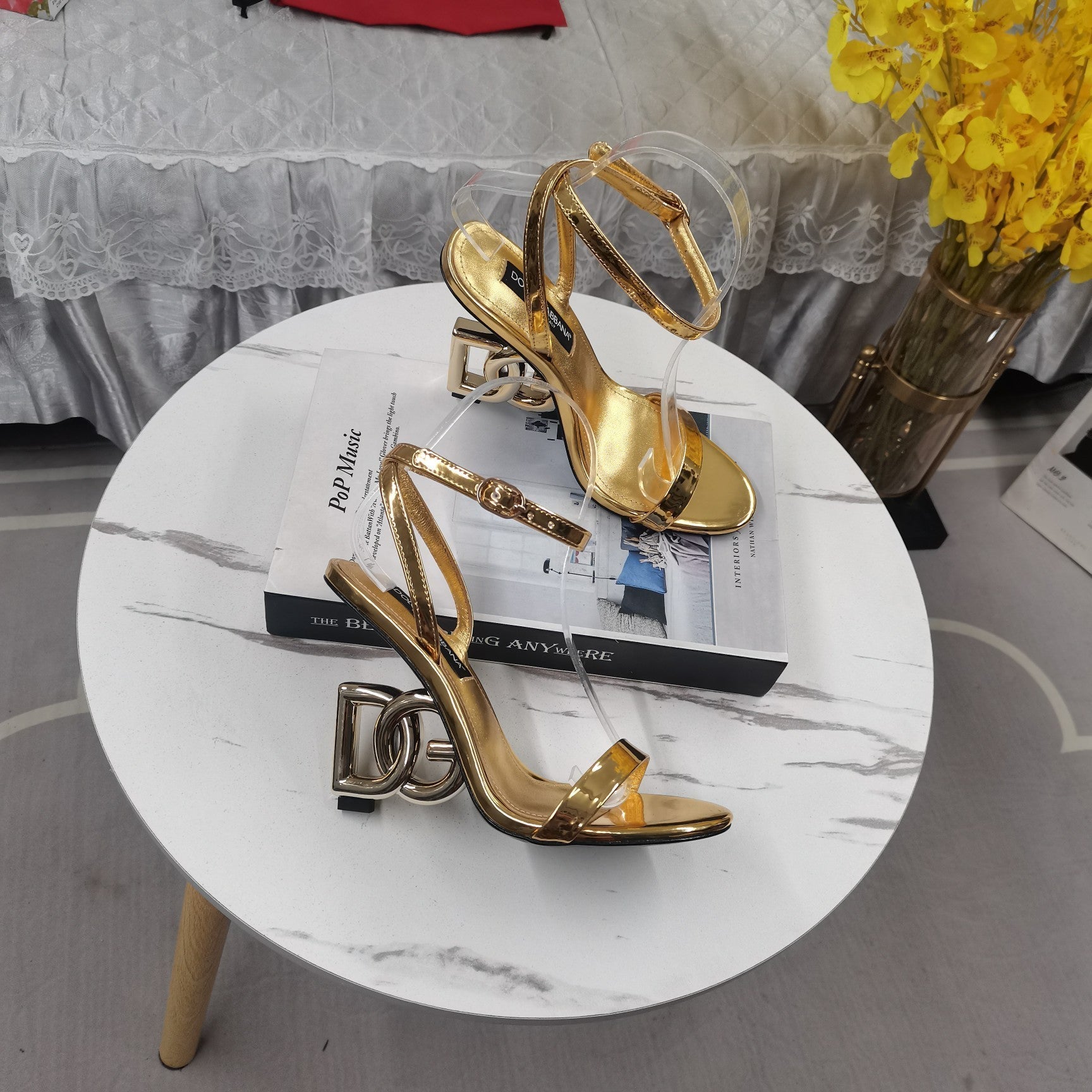 GOLD METALLIC STRAPPY HEEL SANDALS