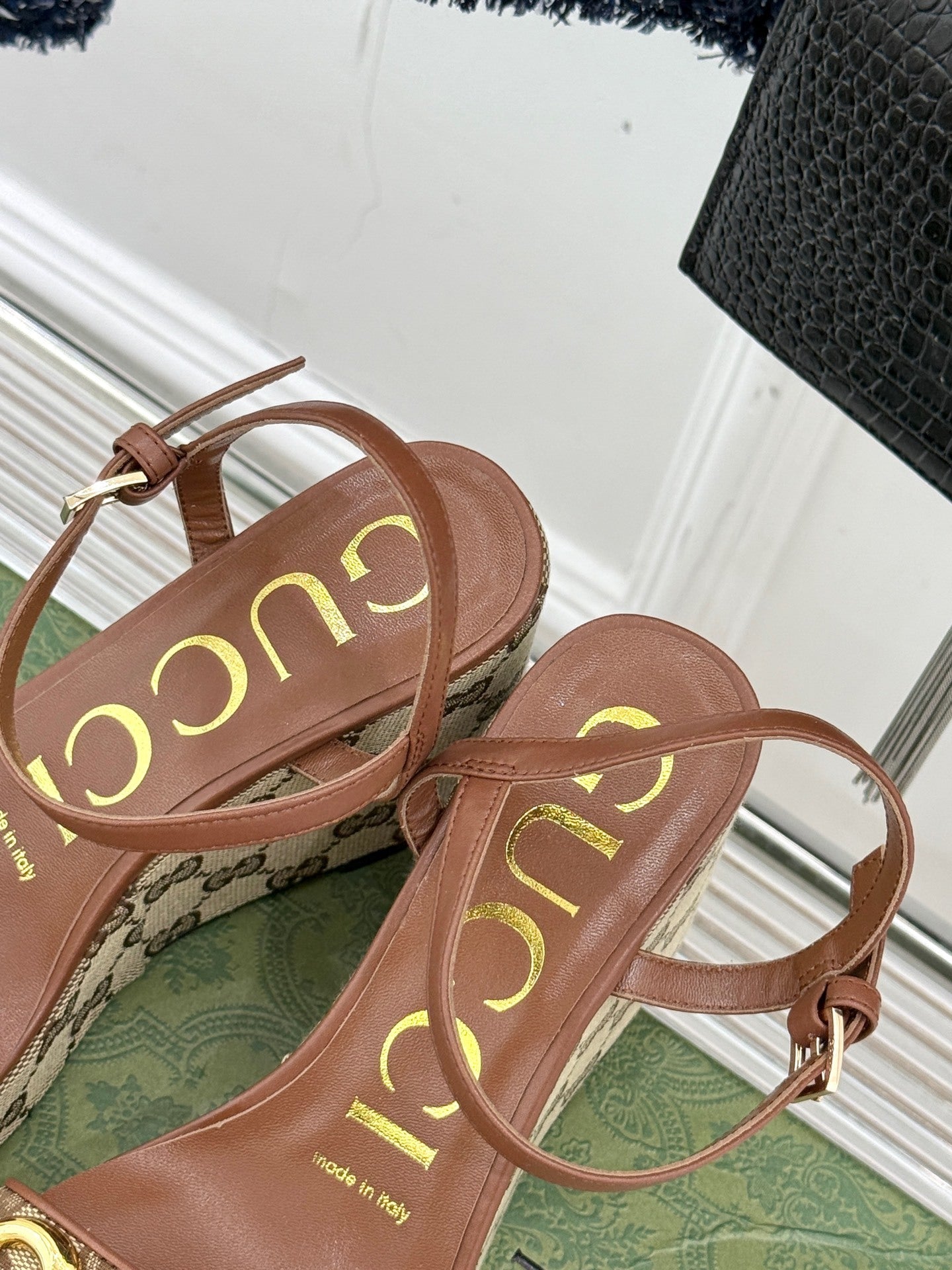 BEIGE MONOGRAM PLATFORM WEDGE SANDALS