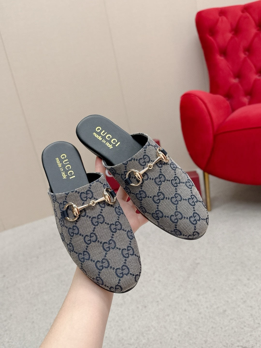 CANVAS MULE LOAFERS WITH GOLD HORSEBIT DETAIL