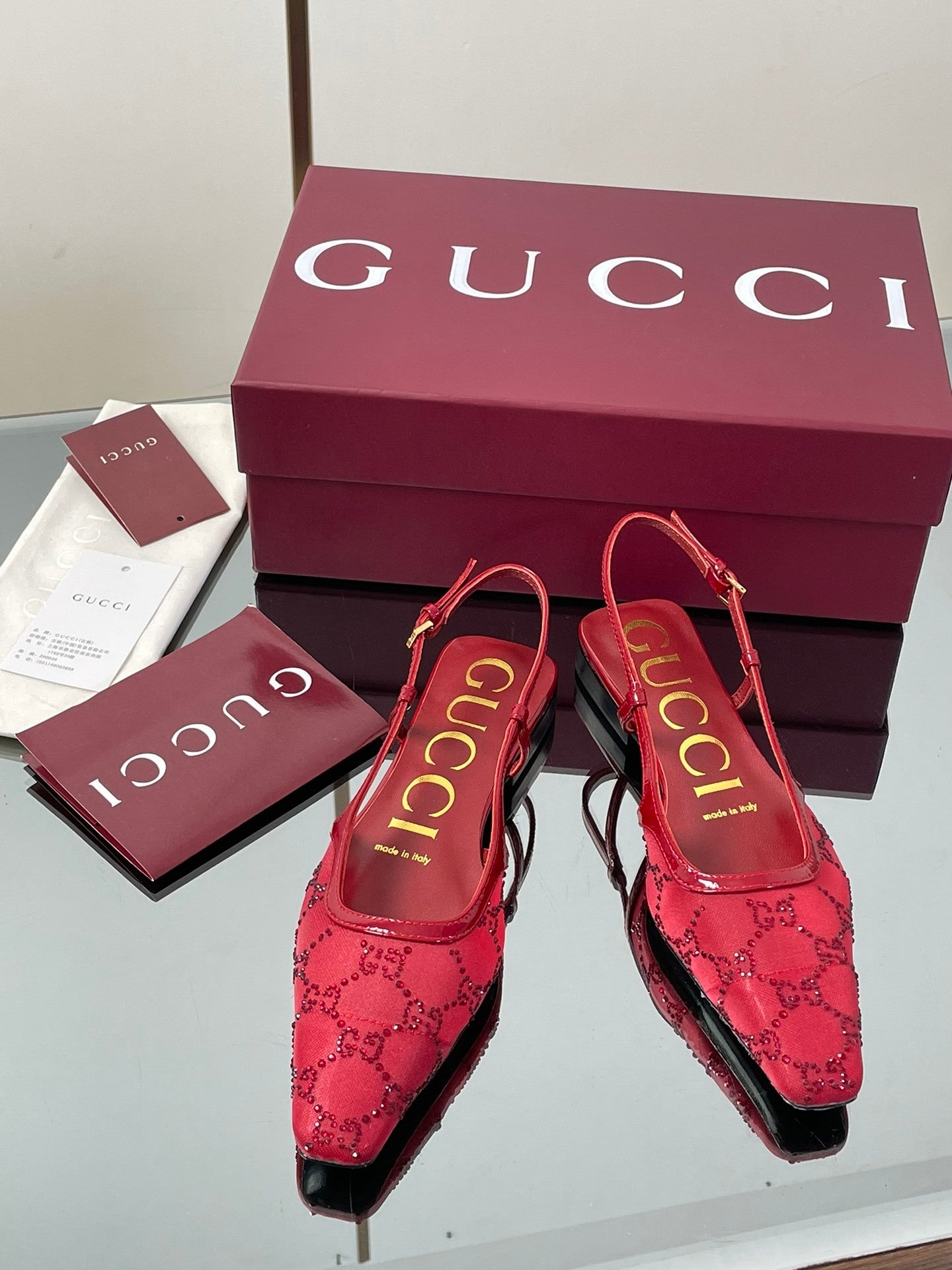 RED EMBELLISHED SLINGBACK FLATS