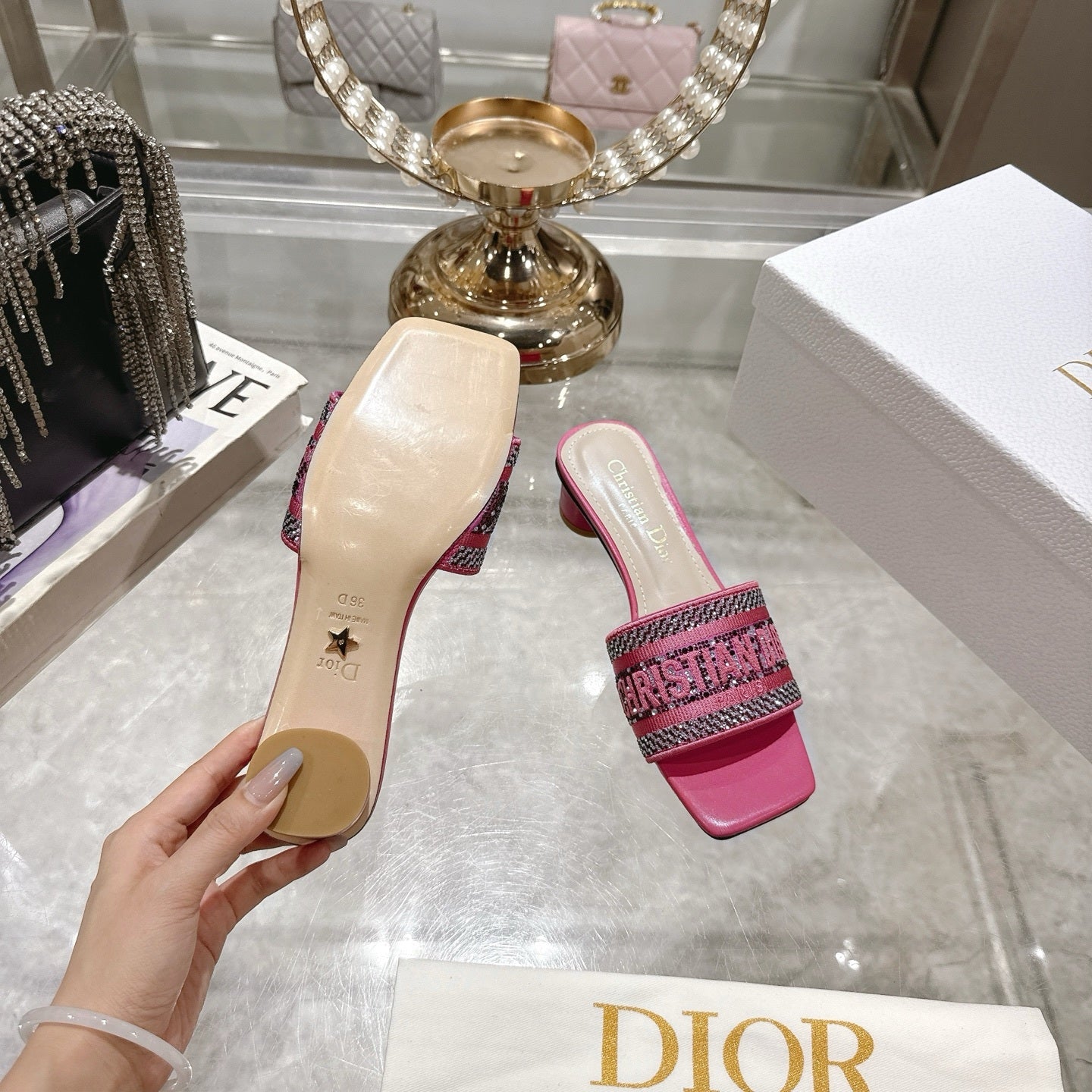 CRYSTAL EMBELLISHED LOGO JACQUARD LOW HEEL MULES – PINK