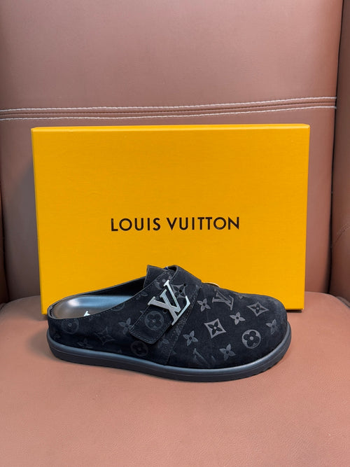 BLACK MONOGRAM SUEDE CLOGS