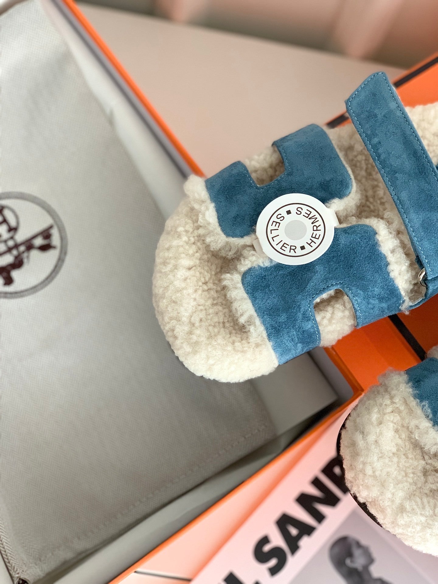 SHEARLING SLIDE SANDALS WITH BLUE SUEDE STRAPS