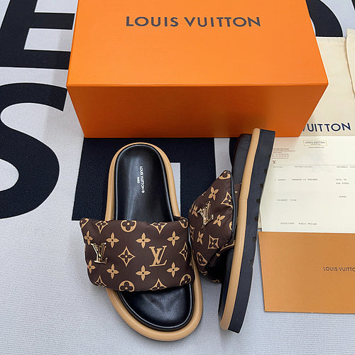 MONOGRAM PUFF STRAP PLATFORM SLIDE SANDALS