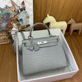 LUXURY GREY CROCODILE EMBOSSED LEATHER TOP HANDLE BAG
