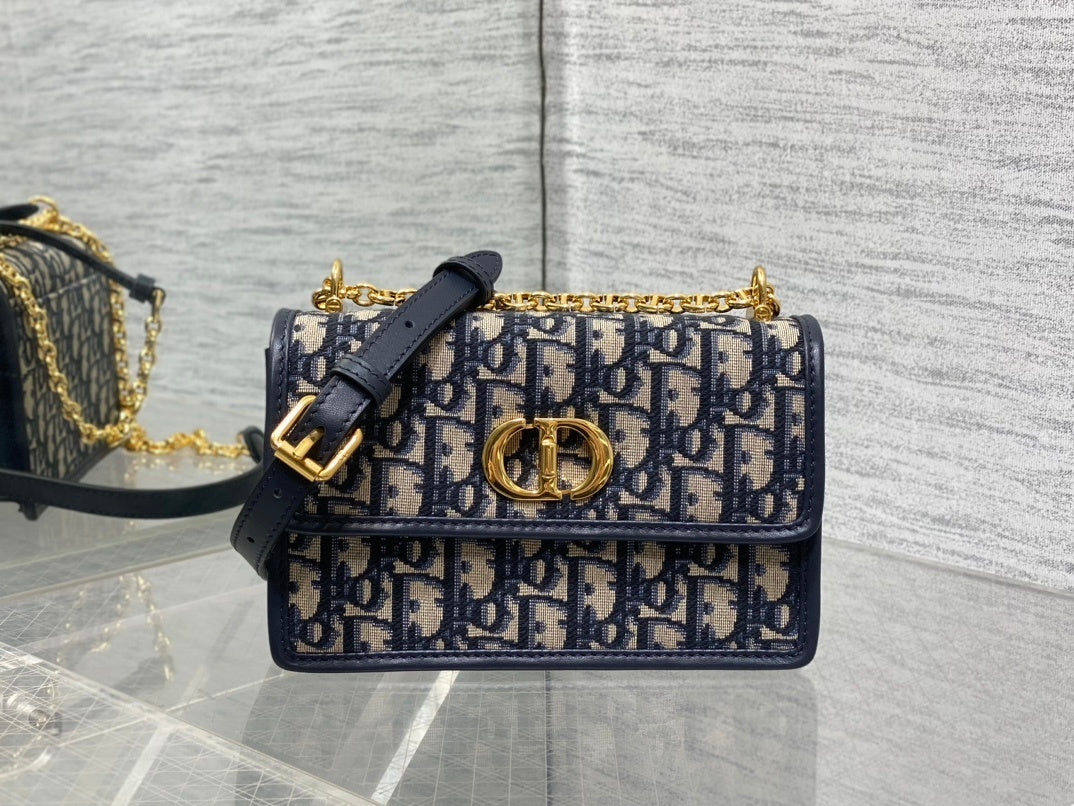 NAVY MONOGRAM CHAIN SHOULDER BAG