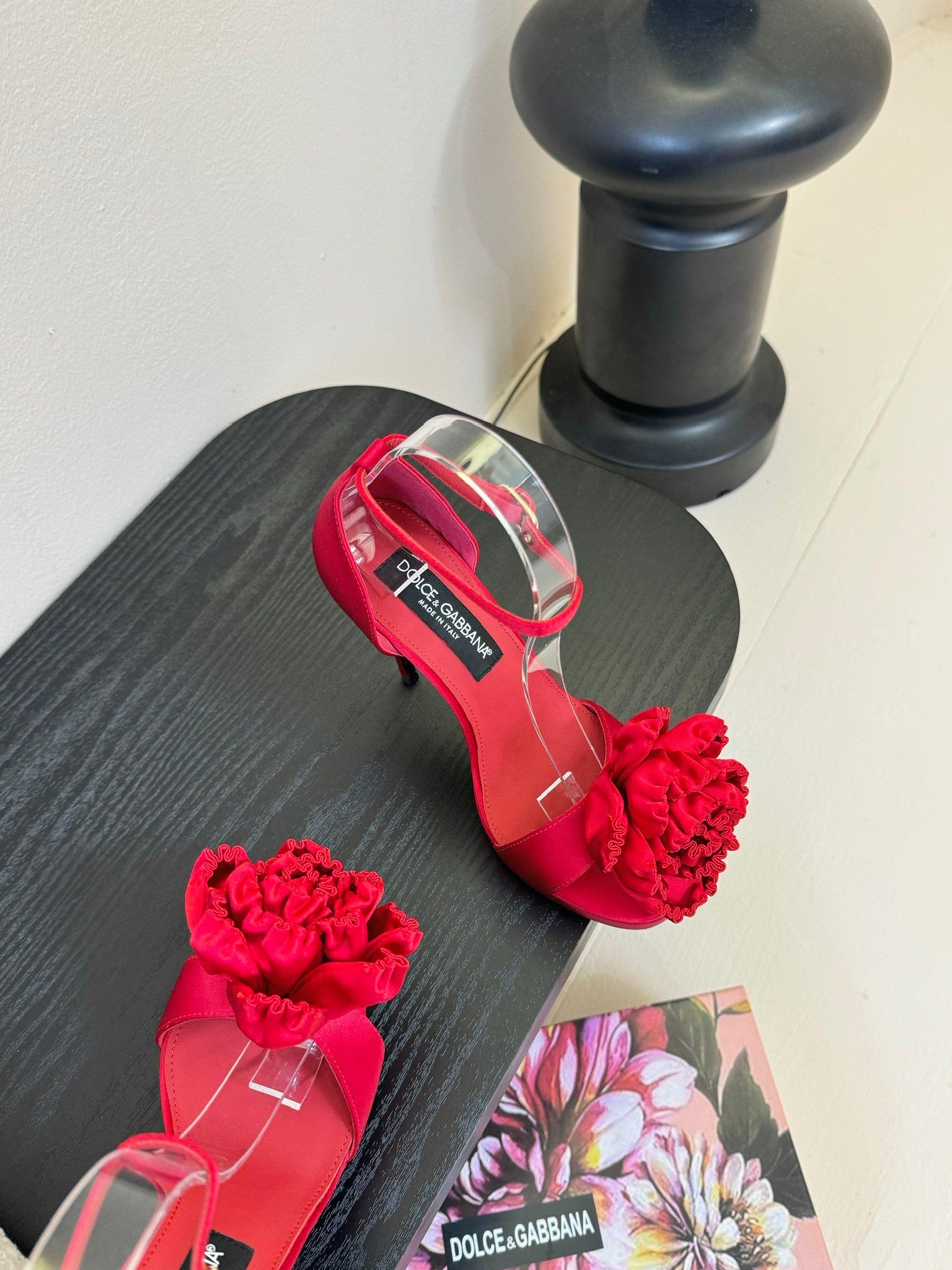 RED SATIN ROSETTE STRAPPY STILETTO HEELS