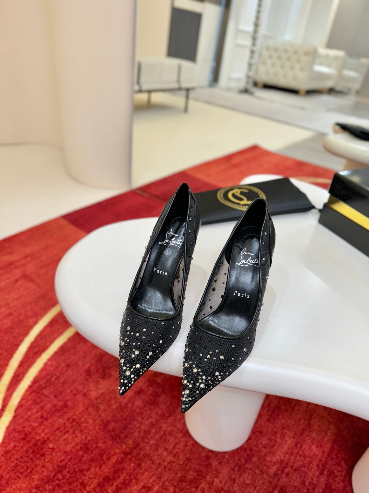 BLACK RHINESTONE MESH POINTED HEELS